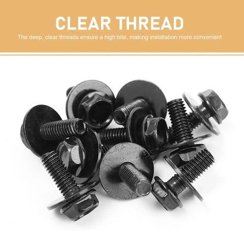 Close-up of black bolts and nuts from All In One Car Fastener Kit 100 Pcs Grab And Go With Body Bolts Nuts U Clips Self Tapping Screws Snap Nuts 5 Types Anti Rust Universal For Engine Under Cover Fender Bumper Splash Guards Black.
