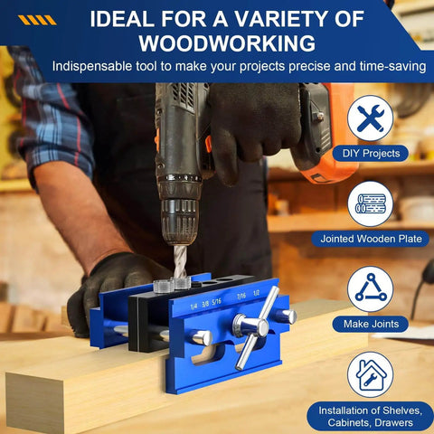 Self Centering Dowel Jig Kit With Drill Guide And 6 Drill Bushings, Pro Grade Doweling Jig For Woodworking being used on wood