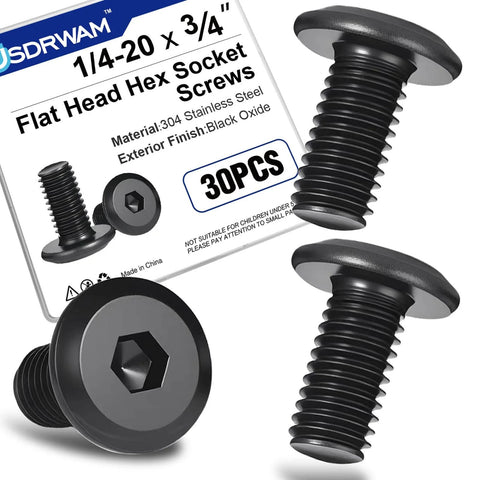 30 Pcs 1/4-20 X 3/4 Flat Head Socket Cap Screws Bolts In 304 Stainless Steel With Black Zinc Plated Finish, Fully Threaded, Includes Hex Key