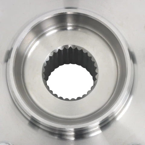 Close-up of front wheel bearing and hub assembly replacement for Mitsubishi Lancer AWD 2008 to 2015 513300 beefy chrome steel