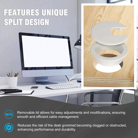 JTemgle 2 Inch White Desk Grommet Cable Hole Cover split design for cord management in home office desk setup