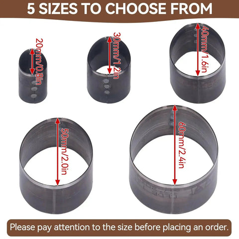 5 sizes of oval hollow punches from the 5 Piece Leather Die Cutting Dies Set, shown with measurements in millimeters and inches.