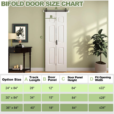 Two Panel Bifold Barn Door Set 30 By 84 Inches With Hollow Core MDF Molded Panels Primed Surface Ready To Paint, displayed in size chart.