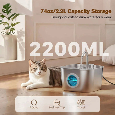 Stainless Steel Cat Water Fountain For Cats And Small Pets Automatic Indoor Waterer next to tabby cat in sunlight