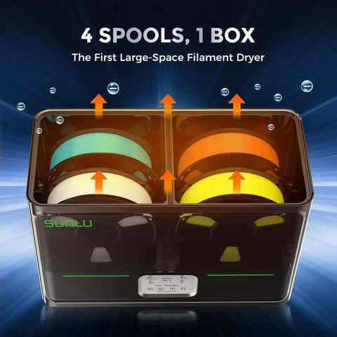 No Fuss 4 Spool Filament Dryer Box With Auto Humidity Control for 3D printer filament, showing four spools inside the dryer.