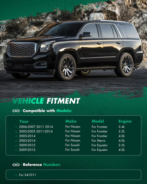 Vehicle fitment chart for Two Piece Rear Wheel Hub Bearing Kit For Nissan Frontier Xterra Suzuki Equator 2005 To 2014 2.4L 2.5L 4.0L Right Side Replacement Durable High Grade Pro Grade with SUV in background.