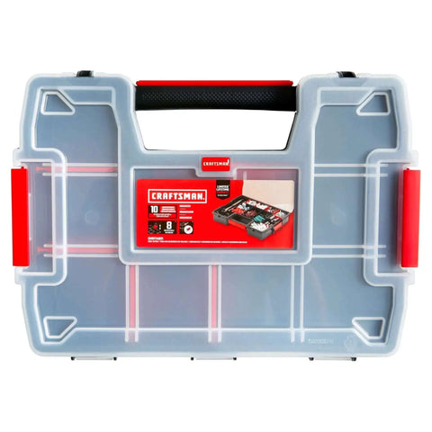 Front view of Three Pack Small Parts Organizer With Ten Compartments And Removable Dividers, Secure Latch Lids For Sturdy Stacking