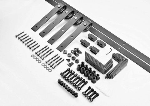 Double Sliding Lite Panel Barn Bypass Doors 64 By 84 Inch kit showing steel rails, hardware, hangers, and floor guides.