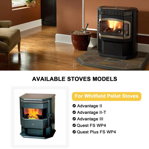 Whitfield pellet stove on stone hearth in living room; listing shows models: Advantage II, II-T, III, Quest FS WP4.