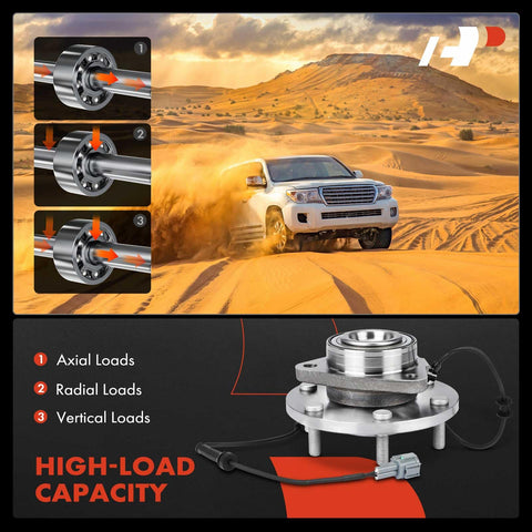 Front Wheel Bearing And Hub Assembly With ABS For 6 Lug SUVs displayed with high-load capacity features, suitable for Nissan Armada 2005 2007, Pathfinder 2004, Titan 2004 2007, Infiniti QX56 2004 2007.