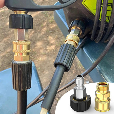 Pressure Washer Quick Connect Adapter Kit M22 14mm to Three Eighth Inch Swivel Fittings installed on power washer