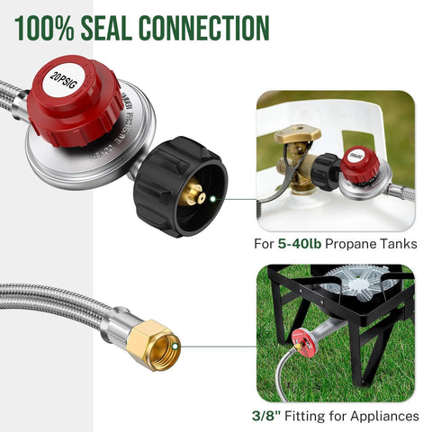 Alloxity 4ft propane regulator with braided hose and 3/8" female fitting; red 0-20 PSI dial for burners and fryers.