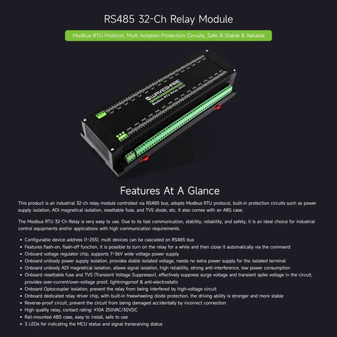 32 Channel Modbus RTU Relay Module With RS485 Interface shown with isolation protection circuits, industrial rail mount case