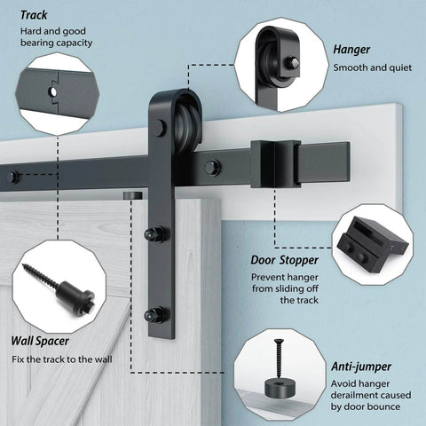 5 Ft Barn Door Hardware Kit With Classic J Track For 30 Inch Wide Sliding Door Panel, shown with door hanger and stopper.