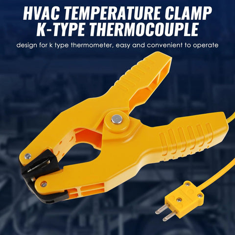 Yellow plastic HVAC temperature clamp with K-type thermocouple probe and adjustable jaw clip