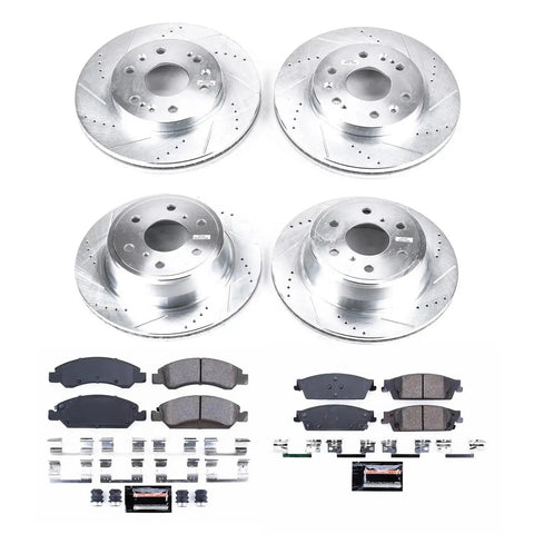 PowerStop drilled/slotted brake kit with ceramic pads; front and rear rotors for Escalade 2015–20, Silverado 2014–18