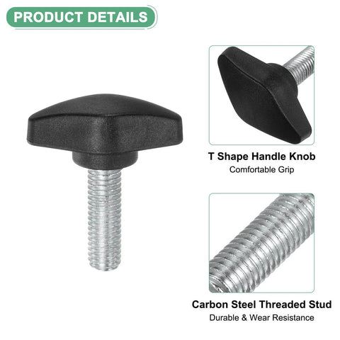 Front view of black plastic T handle with carbon steel M8x25mm thread, part of 4 Pack M8x25mm Tee Wing Knobs for woodworking machinery.