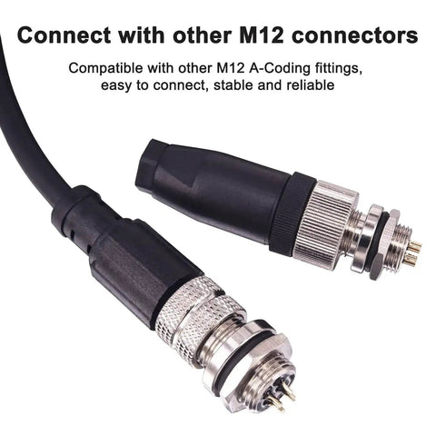 M12 4 Pin Male Aviation Panel Mount Connector IP67 Waterproof sockets with wiring, showcasing connection stability and ease with other M12 connectors.