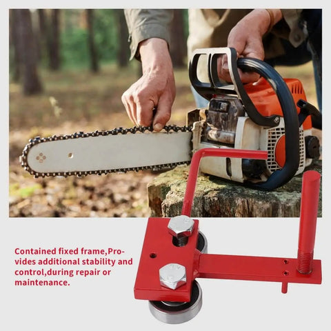 Heavy Duty Chainsaw Bar Rail Closer Tool for Precise Rail Alignment and Chain Grinding in use with chainsaw, red accessory.