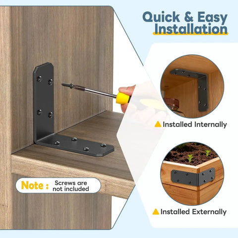 Demonstration of installing Beefy Heavy Duty 3x3x1.2 Inch L Bracket Set on wooden shelves and garden beds for support