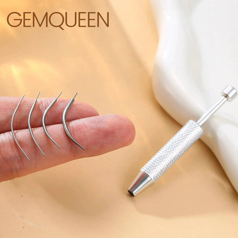 Stainless steel Piercing Taper Grabber Reacher Tool Set For Flat Back Earrings 14G to 20G pin kit displayed on a finger and surface.