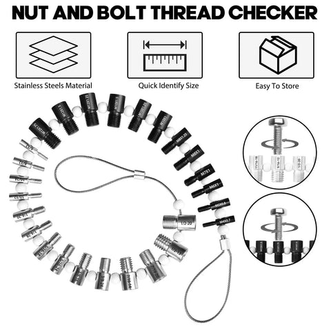 Nut And Bolt Thread Checker Pro Grade Set With 28 Gauges Including 15 Inch SAE And 13 Metric Gauges For quick identification displayed on a loop.
