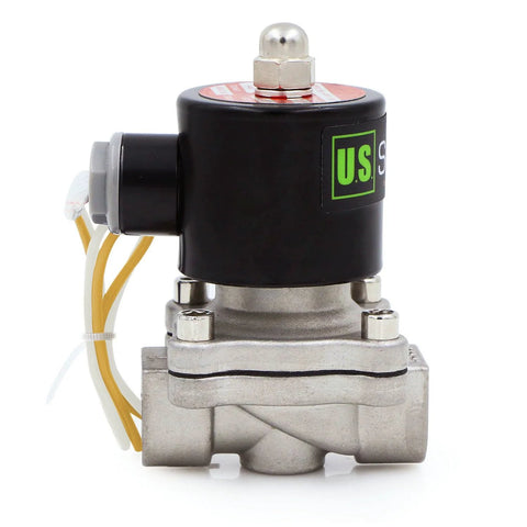 Side view of electric solenoid valve with black coil housing, stainless steel body, and yellow wires.