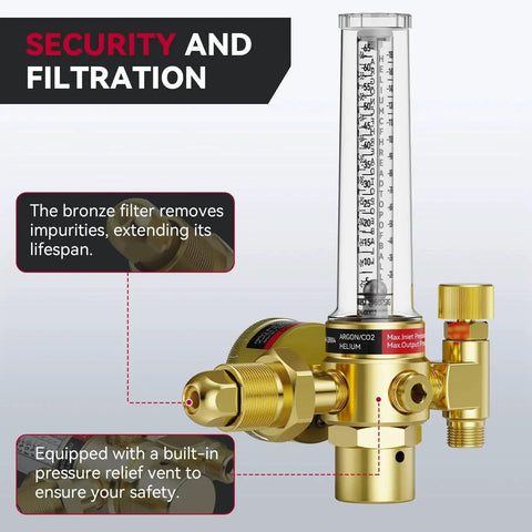 Argon Helium And CO2 Gas Regulator With MIG And TIG Flow Meter for Welding, showing bronze filter and pressure relief vent for security.