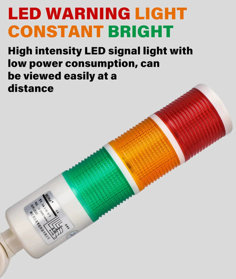 LED Warning Light Tower with Buzzer for CNC Machines and Tooling, red orange green indicator alarm stack, clear bright lights.