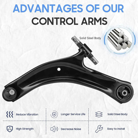 Heavy Duty Front Lower Control Arm With Ball Joint Suspension Kit Bolt On for Nissan Rogue 2.5L 2008 2009 2010 2011 2012 2013 And Rogue Select 2.5L 2014 2015 Two Piece, shown in solid steel material design.