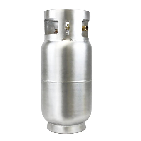 Aluminum 33.5 Lb Forklift Propane Tank With Integrated Gauge Durable Lightweight shown in front view.