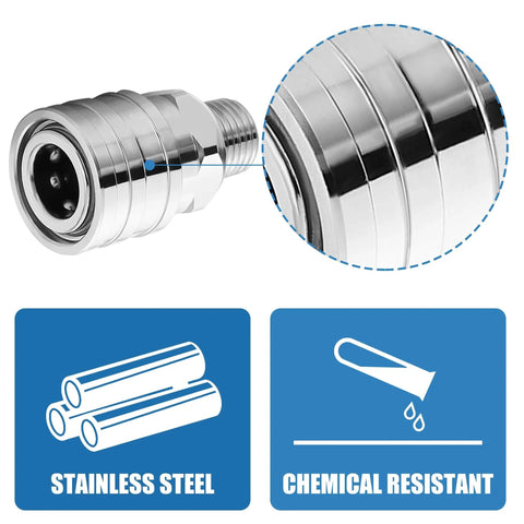 Stainless Steel One Quarter Inch Quick Connect Pressure Washer Fittings Adapter From One Quarter Inch Socket To One Quarter Inch Male NPT 5000 PSI Durable Pro Grade Coupler For Easy Connects And Quick Setup close-up with material icons