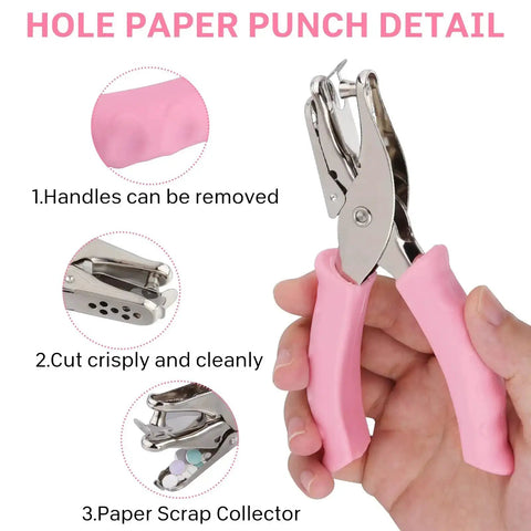 Blue Metal Hole Punch With Soft Grip Handle for DIY Crafts and Scrapbooking, showing features like removable handle and scrap collector
