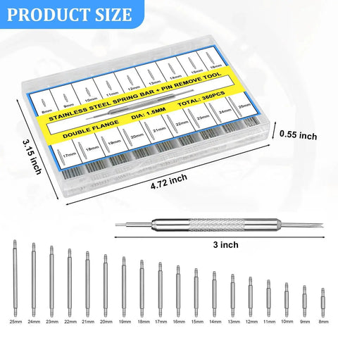 360Pcs Watch Band Pins Set 8 To 25mm With 1.5mm Diameter Spring Bar Pins, Includes Strap Link Remover Tool And Full Watch Repair Kit