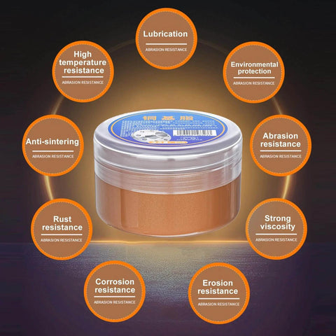 Copper Based Anti Seize Grease With High Temperature Protection jar surrounded by features like lubrication and rust resistance.