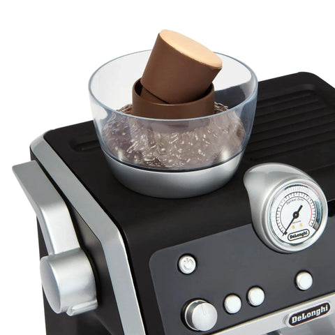 Casdon De'Longhi toy barista coffee machine; black with silver accents and a clear hopper on top