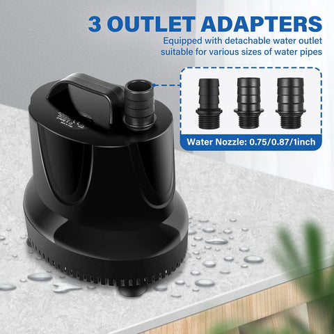 Simple Deluxe bottom-suction submersible water pump with 3 nozzle adapters for tanks and ponds.