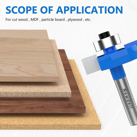 Rabbet Router Bit Set With One Quarter Inch Shank shown cutting various wood types, highlighting application scope
