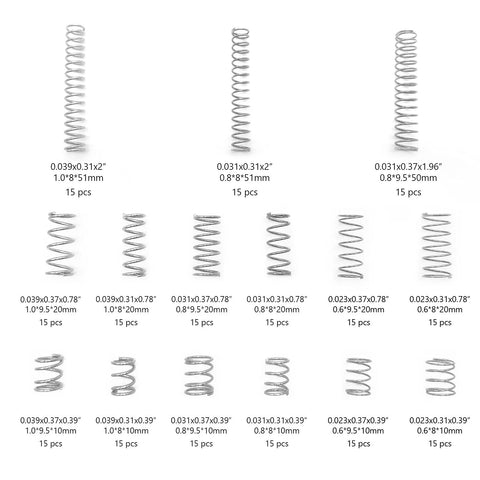 CREEYA 225pc compression spring set, 15 sizes, wire 0.6/0.8/1mm, OD 8/9/9.5mm, lengths 10/20/50mm, for repair