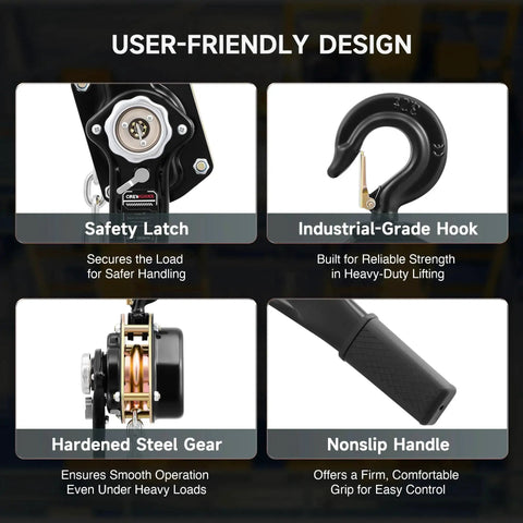 User-friendly design features of 3 Ton Manual Lever Chain Hoist With 10 Ft Lift G80 Chain Swivel Hooks Heavy Duty.