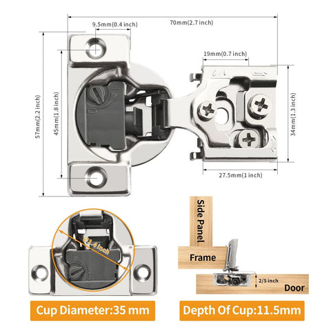 Chibery 2-pack 1/2-inch overlay concealed cabinet hinges, satin-nickel finish, soft-close, 105° open angle.