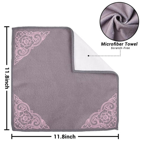 11.8 inch square gray scratch-free microfiber towel with pink corner design, part of 12 Pack Microfiber Cleaning Cloths For Cars And Home Ultra Absorbent Towels