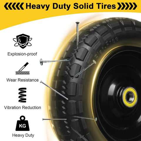 13 Inch Flat Free Tire Set 4.00-6 With Puncture Resistant Polyurethane Foam And 5/8 Inch Bearings showing durability features