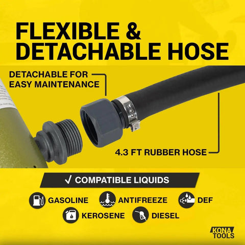 Portable Fuel Transfer Pump With Rubber Hose Battery Or USB C Powered Heavy Duty 4.3 Foot Hose Safety Nozzle Quick Transfer Of Gas Diesel DEF And Water For 3 To 20 Gallon Barrels Perfect For Home Garages And On The Go Jobs with detachable hose