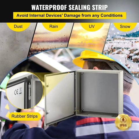 NEMA 4X Steel Enclosure 24 By 24 By 8 Inches IP66 Waterproof box with rubber sealing strips shown in various weather conditions