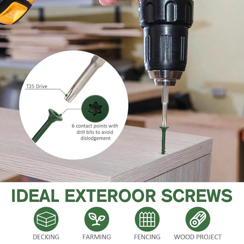 Drill inserting Deck Screws For Outdoor Wood Fence And Decking, Built To Last, Rust Resistant Epoxy Coated With 1000 Hours Salt Spray Protection into wood