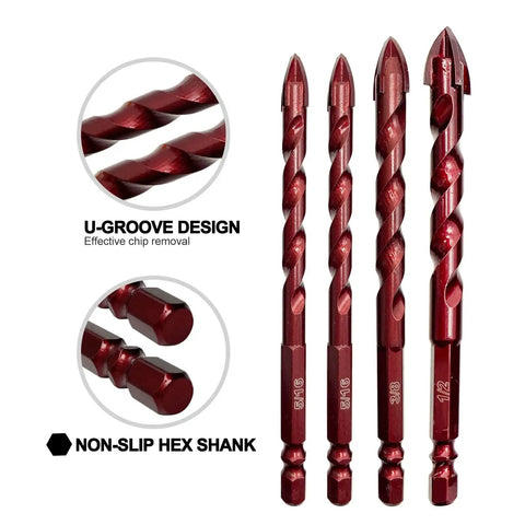 Masonry Drill Bits Set 10 Piece Pro Grade High Cobalt Concrete Drill Bits For Tile Glass Metal Brick Concrete Ceramic Plastic Wood 3 16th Inch To 1 Half Inch Built Tough With Precision Ground Spear Tip By FEWELL showing four red U-groove design bits with non-slip hex shank