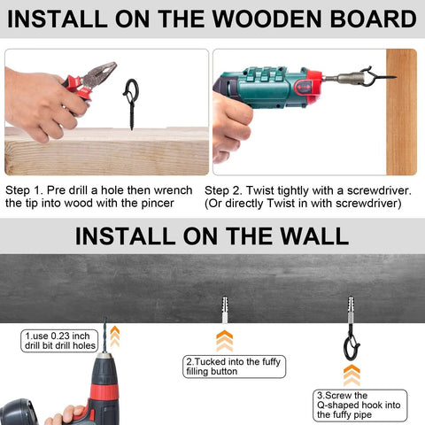 Installation guide for 36 Piece Q Hanger Hooks With Safety Buckle on wood and wall, showing drilling and twisting steps.