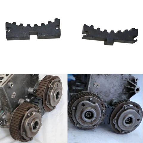 All-In-One Camshaft Alignment And Timing Tool Kit For GM 16V 1.4L 1.6L 1.8L Engines, Includes 41mm Water Pump Wrench, Compatible With Chevy Cruze Aveo Orlando Corsa Astra Insignia Zafira Vectra Mervia Opel Fiat Alfa Romeo 159 shown in use and in component form.