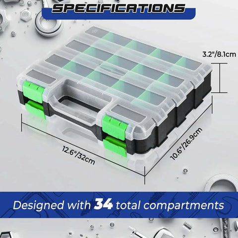 Two Pack 34 Compartment Double Sided Parts Organizer Case All In One For Hardware Screws Bolts Nails Nuts Beads Jewelry Craft Supplies And Fishing Gear Durable Plastic Storage Box Green with clear lids and dimensions shown.